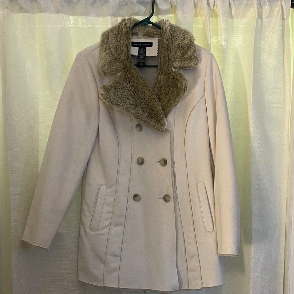 New York & Company Cream Double-Breasted Pea Coat with Faux Fur Collar